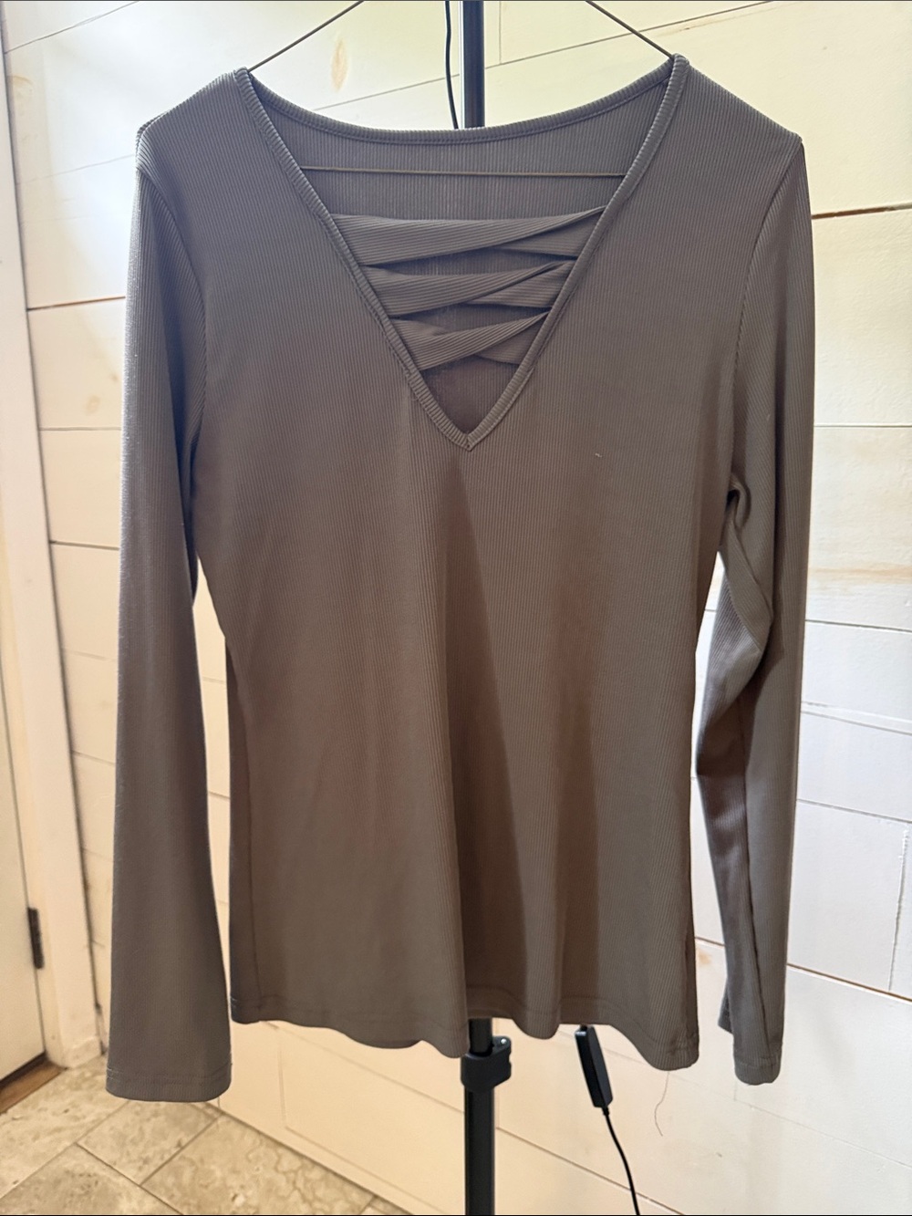 Ribbed V-Neck Crisscross Long Sleeve Top - Olive
